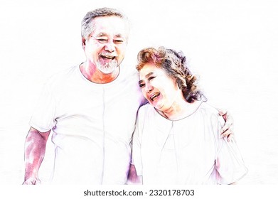 Digital painting and drawing of Happy asian senior retired couple, relax smiling elder man and woman enjoying with retired vacation at sea beach outdoor. Health care, Family outdoor lifestyle - Powered by Shutterstock