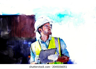 Digital Painting And Drawing Of Logistics Engineer Working With Checking List Of Shipping Container In Commercial Transport Port 