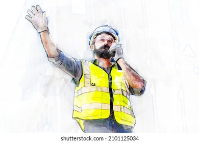 Digital Painting And Drawing Of Logistics Engineer Stand On And Pointing Up Around Shipping Container Stacker In Commercial Transport Port 