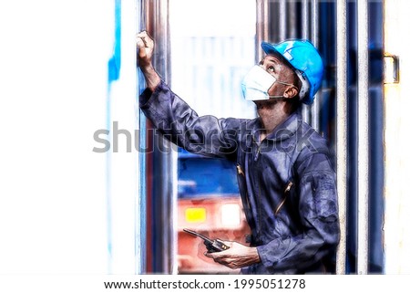 Digital painting and drawing of Portrait of African American logistics worker wear safety helmets and protect suite working and checking product on shipping container in commercial transport port 