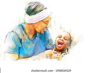 Digital painting and drawing of Portrait of Happy African mother play with daughter in outdoor garden. - Powered by Shutterstock