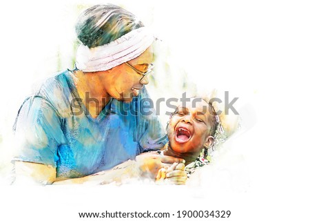 Digital painting and drawing of Portrait of Happy African mother play with daughter in outdoor garden.