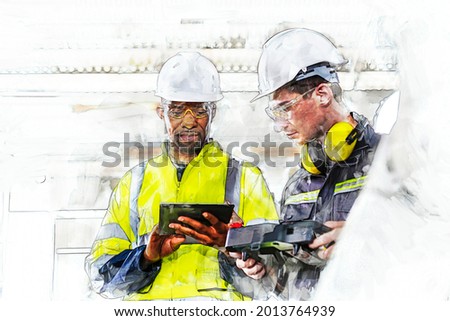 Digital painting and drawing of Robotics control engineers setting and maintain spare parts of industrial robot arm controller in production plant factory