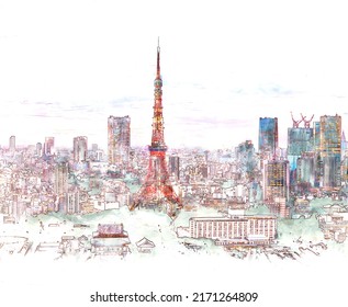 Digital Painting And Drawing Of Tokyo Tower, Landmark Of Japan And Skyline Of Tokyo City With White Background, Tokyo, Japan