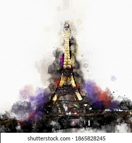 A digital painting of the Eiffel Tower, in Paris, France. The painting is in the style of water colour (300dpi).