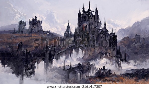 Digital painting of a fantasy castle in the\
clouds in a low key color scheme and gothic architecture - fantasy\
illustration