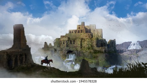 Digital painting of a fantasy castle surrounded by waterfalls with a dangerous adventurer on horseback exploring the environment - digital fantasy illustration