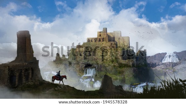 Digital painting of a\
fantasy castle surrounded by waterfalls with a dangerous adventurer\
on horseback exploring the environment - digital fantasy\
illustration