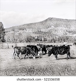 Digital Painting Of Farm Landscape With Cows Grazing In Farm Field With Fence, Trees, Buildings, Sky And Mountain Background.