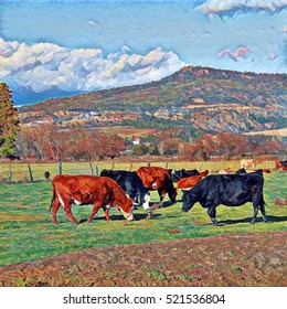 Digital Painting Of Farm Landscape With Cows Grazing In Farm Field With Fence, Trees, Buildings, Sky And Mountain Background.