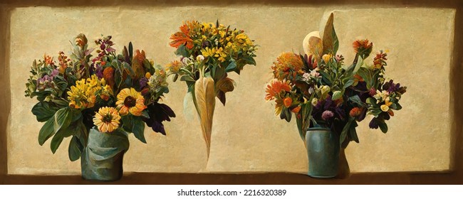 Digital Painting Featuring Autumn Wildflower Bouquets In A Botanical Arrangement. Inspirational Fall Floral Design In A Retro Ornamental Flower Design Pattern. Flowers On A Plain Cardboard Background.