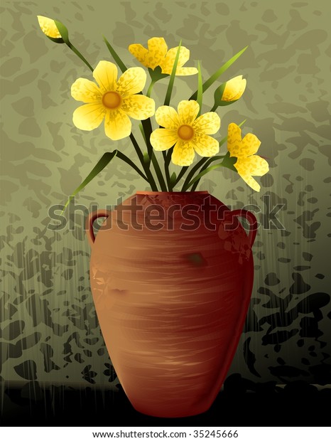 Digital Painting Flower Vase Colour Background Stock Illustration