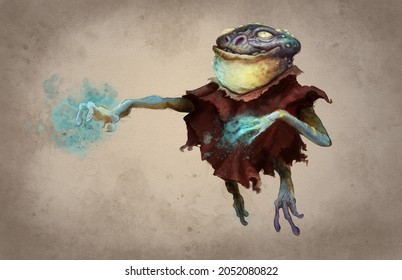 digital painting of a frog wizard casting a magic spell on aged paper background for spot book interior - fantasy illustration