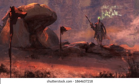 digital painting of a futuristic bounty hunter holding a sniper rifle walking in the desert - fantasy sci-fi illustration