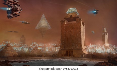 Digital painting of a futuristic sci-fi ancient egyptian temple with space ships flying over head - fantasy illustration