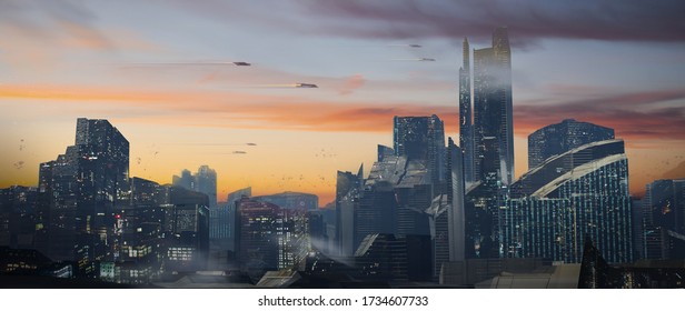 A Digital Painting Of A Futuristic Sci-fi Fantasy City With Flying Cars Against A Beautiful Sunset - Digital Science Fiction Illustration