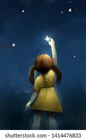 Digital Painting Of Girl Reach The Star, Acrylic On Canvas