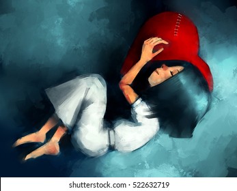 Digital Painting Of Girl Sleeping And Hugging Heart Shaped Old Pillow Standing In Rainy, Acrylic Sketched On Canvas Texture