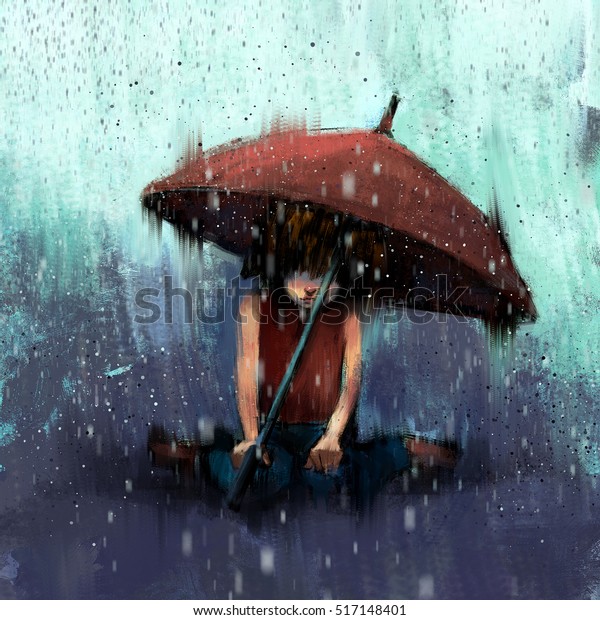 Digital Painting Girl Umbrella Rain Acrylic Stock