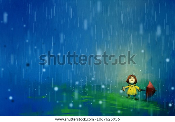 Digital Painting Girl Yellow Raincoat Red Stock Illustration