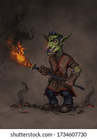 Digital painting of goblin character holding a flaming torch and smiling against an abstract background - digital fantasy illustration
