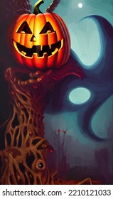 Digital Painting Halloween Pumpkin Character Illustration. Halloween Celebration Symbol. Evil Smiling Jack O Lantern. Oil Painting Imitation. Wall Art Print, Poster, Canvas, Invitation Background.