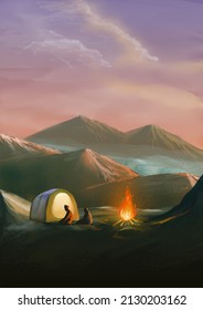 Digital Painting, A Husband And Wife Are Camping And Praying On The Mountain.