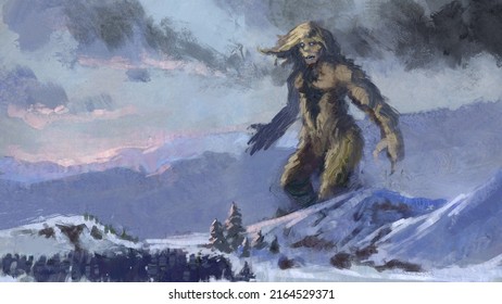 Digital Painting Of An Ice Giant Walking Through A Valley - Fantasy 3d Illustration