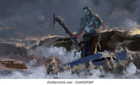 Digital Painting Of A Ice Hill Giant Walking Through A Valley With A Giant Stick - Fantasy 3d Illustration