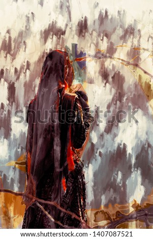 Digital painting of Indian woman, Illustration of girl with traditional cloth