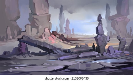 Digital painting. Landscape with many stones.