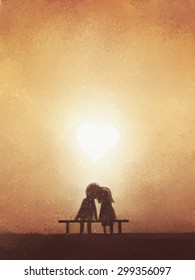 digital painting of love couple on bench watching heart shaped sunset, watercolor on paper texture