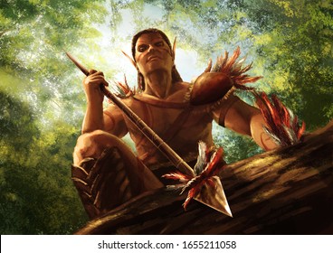 Digital painting of a male elf on top of a tree wielding a spear in a menacing stance