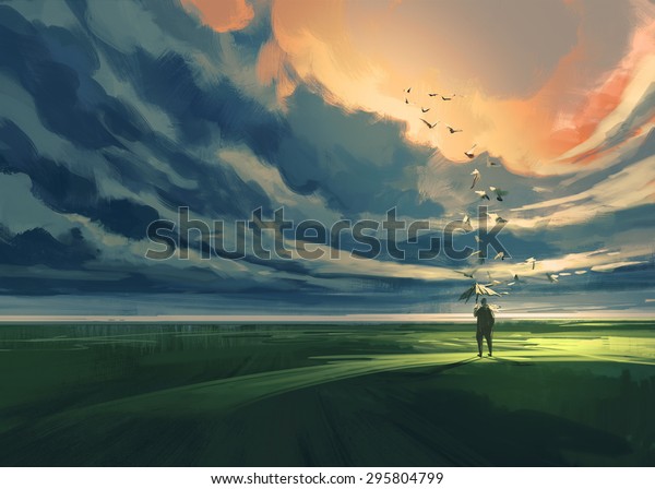 曇り空の地平線を見つめる草原に一人で立つ傘を持つ男性のデジタル画 のイラスト素材
