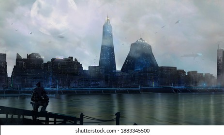 digital painting of a man looking out at a moody fog covered futuristic city on the water - science fiction environment illustration