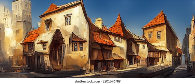 Digital Painting Of A Medieval Town. Gouache Art Of A Historic Town, Buildings With Red Roofs With Blue Skies. Village Wallpaper For Digital Inspiration And Illustration