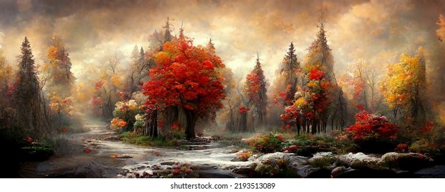 Digital painting of a misty autumn forest and fall foliage - Powered by Shutterstock