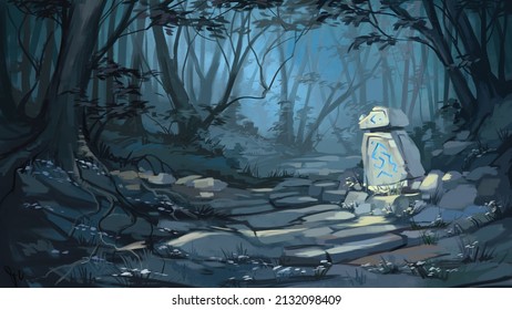 Digital Painting. Old Dark Forest With A Boundary Stone.