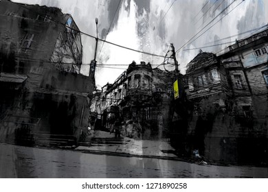 Digital Painting Of Old Town In Dark Tone, Scary Ghost Town Illustration