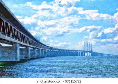 A digital painting of the 'oresundsbron' the bridge that connects Sweden with Denmark and one of the longest of its kind in the world.