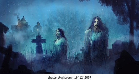 Digital painting of a pair of scary gothic vampires hanging out in a graveyard with a spooky castle in the background - fantasy illustration