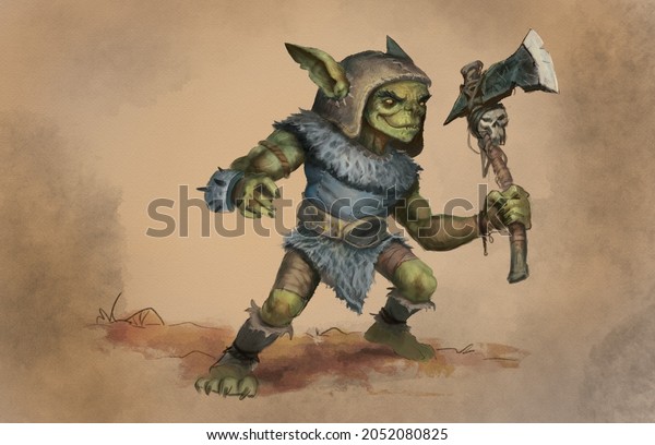 Digital painting of a primitive goblin with\
a war axe on aged paper background for spot book interior - fantasy\
illustration