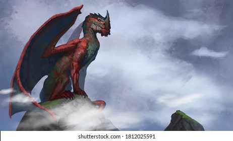 Digital painting red   green dragon sitting cliff among the clouds waiting to fly away    digital fantasy illustration