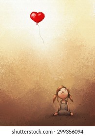 Digital Painting Of Sad Girl Loosing Heart Balloon, Watercolor On Paper Texture