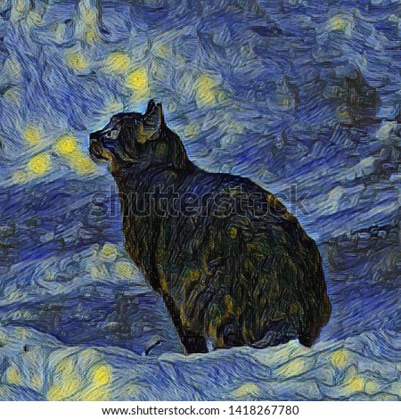 Digital painting Shambhala cat in Vincent Van Gogh impressionist art style. Artificial neural network picture. 