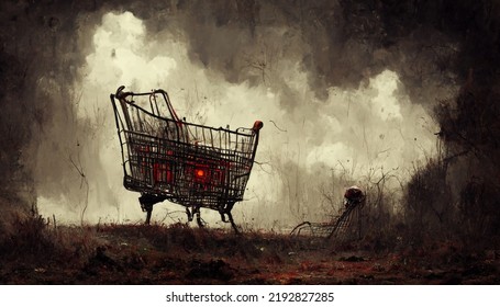 Digital Painting Of A Shopping Cart In A Chaotic World