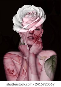 Digital painting showcasing a woman adorned with a gleaming rose, symbolizing deep affection and romance. Crafted with a touch of playfulness, perfect for the Valentine's season.