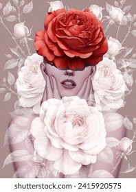  Digital painting showcasing a woman adorned with a gleaming rose, symbolizing deep affection and romance. Crafted with a touch of playfulness, perfect for the Valentine's season.
