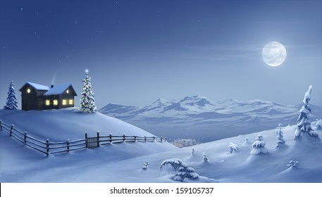 Digital painting of a silent Christmas night in the snow covered mountains. - Powered by Shutterstock