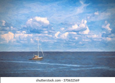 Digital Painting of single lonely sailboat on blue ocean sea with white fluffy clouds in clear blue sky looking restful relaxing calm isolated secluded private - Powered by Shutterstock